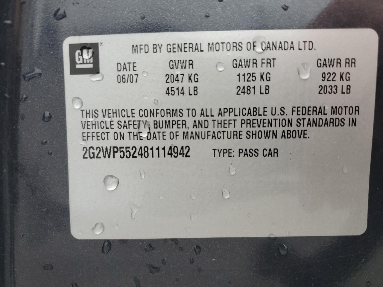 2008 Pontiac Grand Prix VIN: 2G2WP552481114942 Lot: 57171295