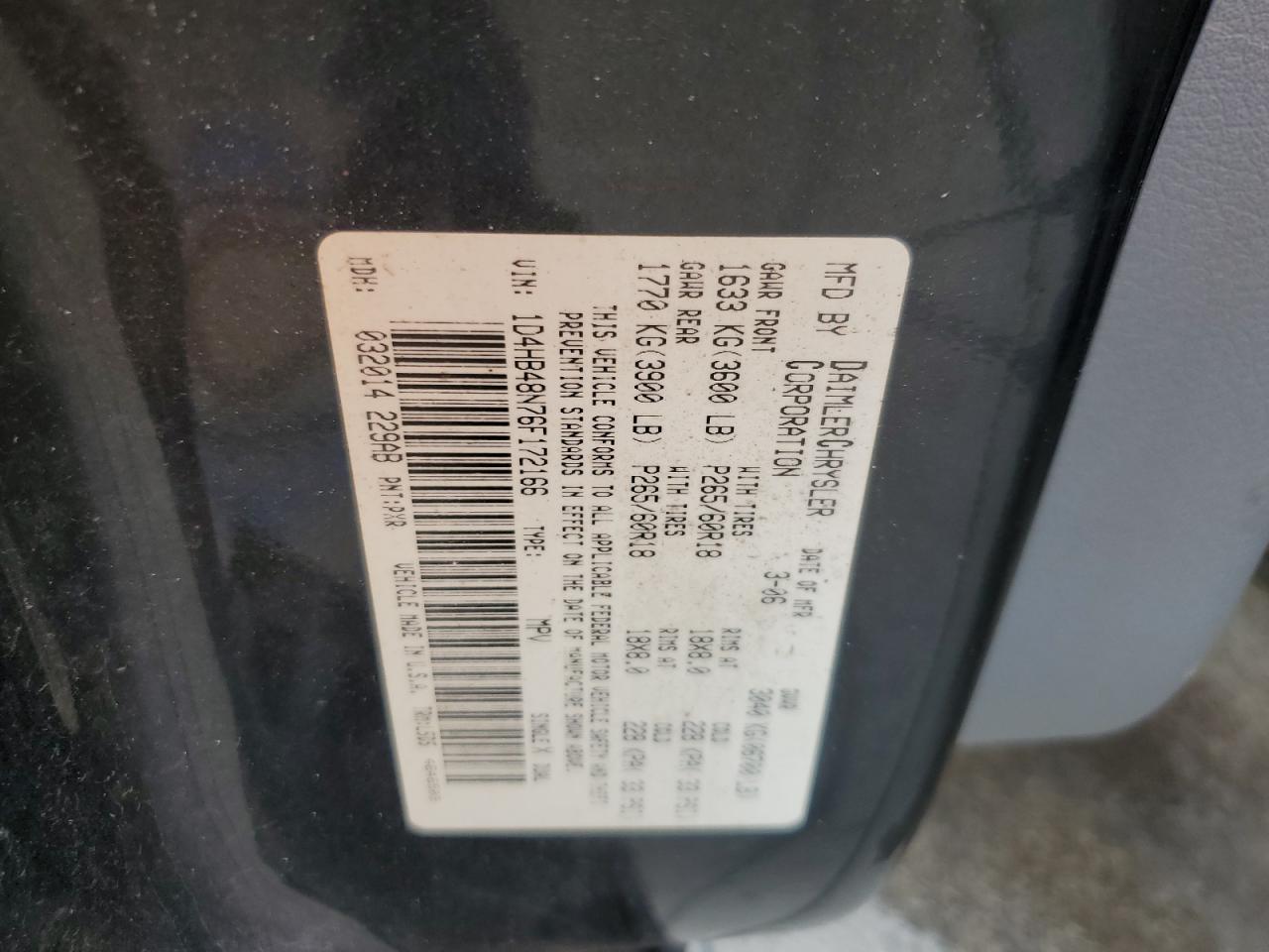 2006 Dodge Durango Slt VIN: 1D4HB48N76F172166 Lot: 56859445