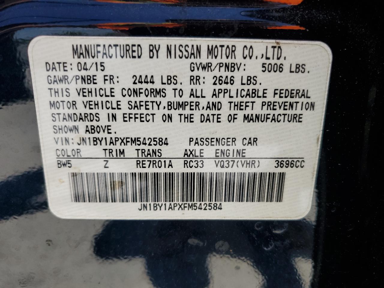 2015 Infiniti Q70 3.7 VIN: JN1BY1APXFM542584 Lot: 55623105
