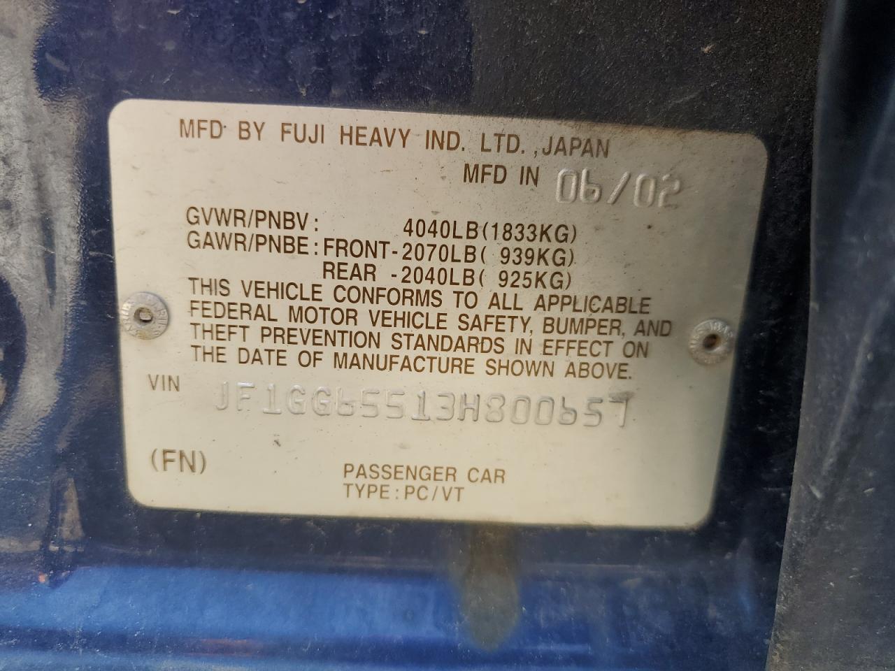 2003 Subaru Impreza Ts VIN: JF1GG65513H800657 Lot: 55776865