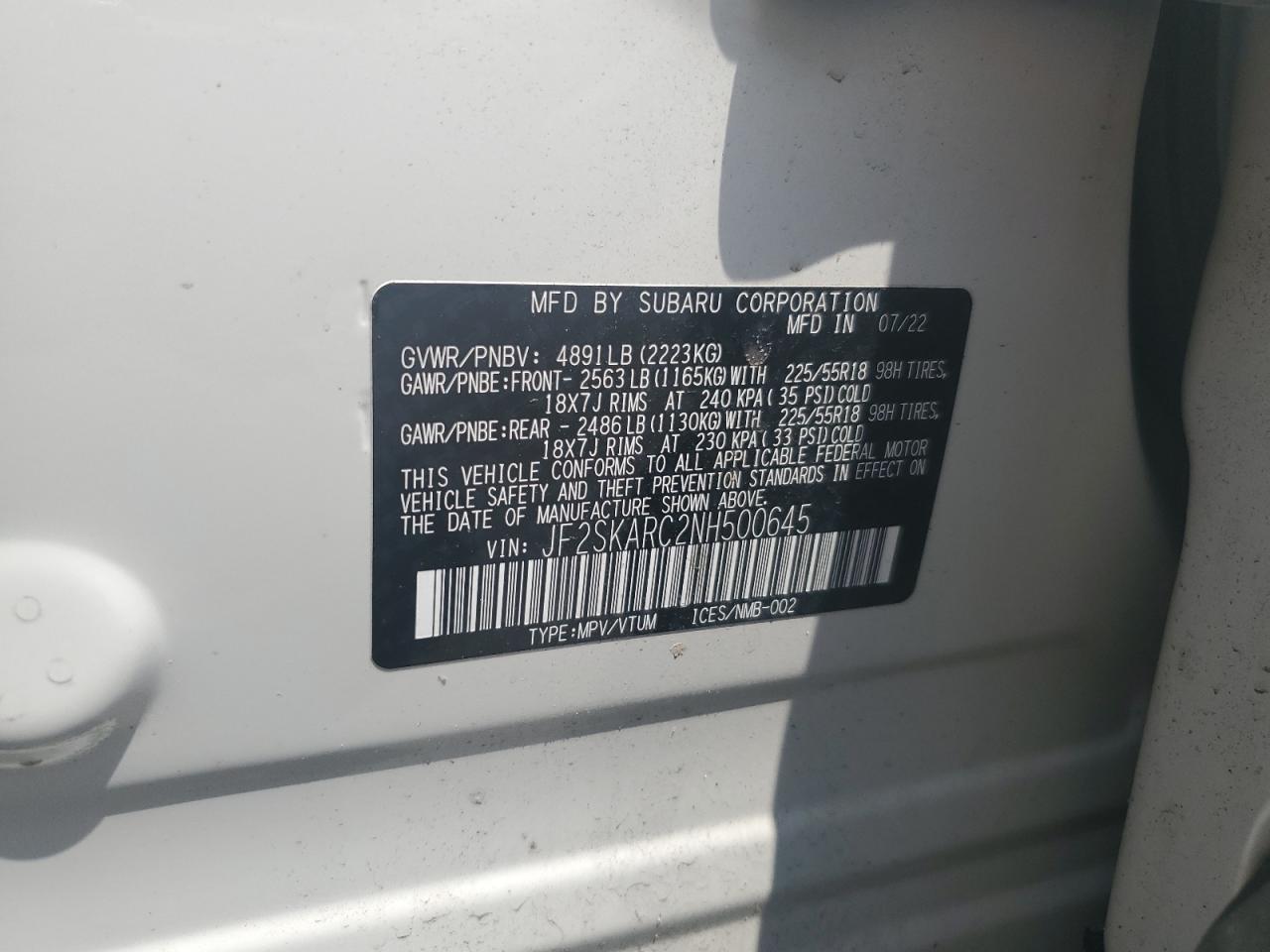 2022 Subaru Forester Touring VIN: JF2SKARC2NH500645 Lot: 56951905