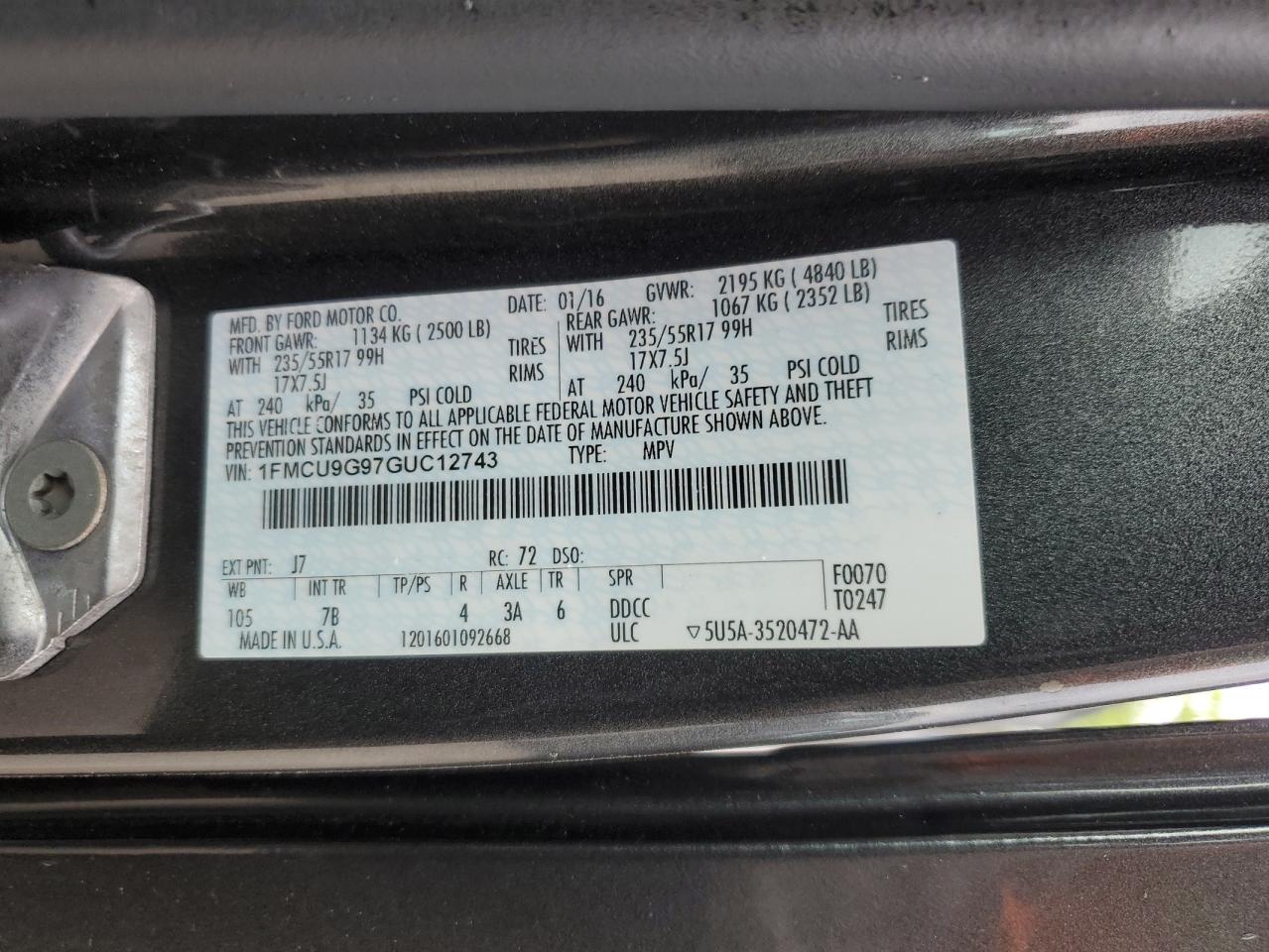 2016 Ford Escape Se VIN: 1FMCU9G97GUC12743 Lot: 56578935
