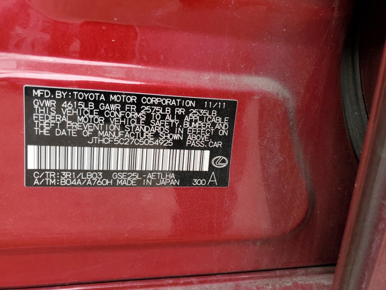 2012 Lexus Is 250 VIN: JTHCF5C27C5054925 Lot: 56701885