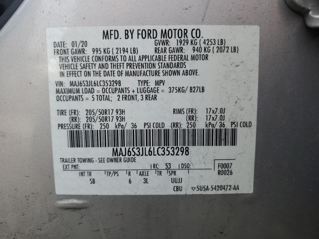 2020 Ford Ecosport Ses VIN: MAJ6S3JL6LC353298 Lot: 57037095