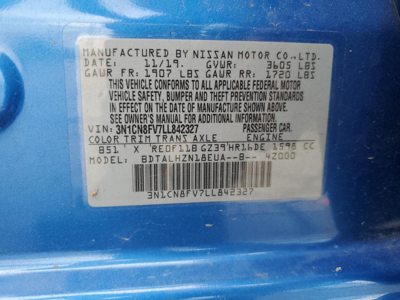 2020 Nissan Versa Sr VIN: 3N1CN8FV7LL842327 Lot: 56520295