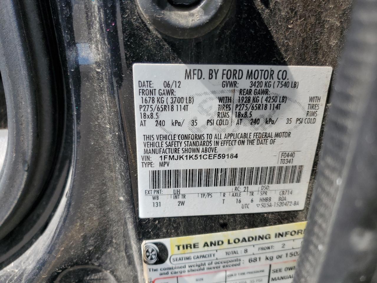 2012 Ford Expedition El Limited VIN: 1FMJK1K51CEF59184 Lot: 56975755