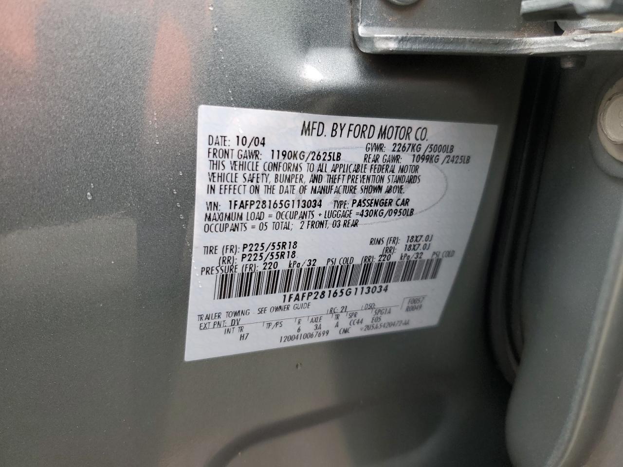 2005 Ford Five Hundred Limited VIN: 1FAFP28165G113034 Lot: 56023745