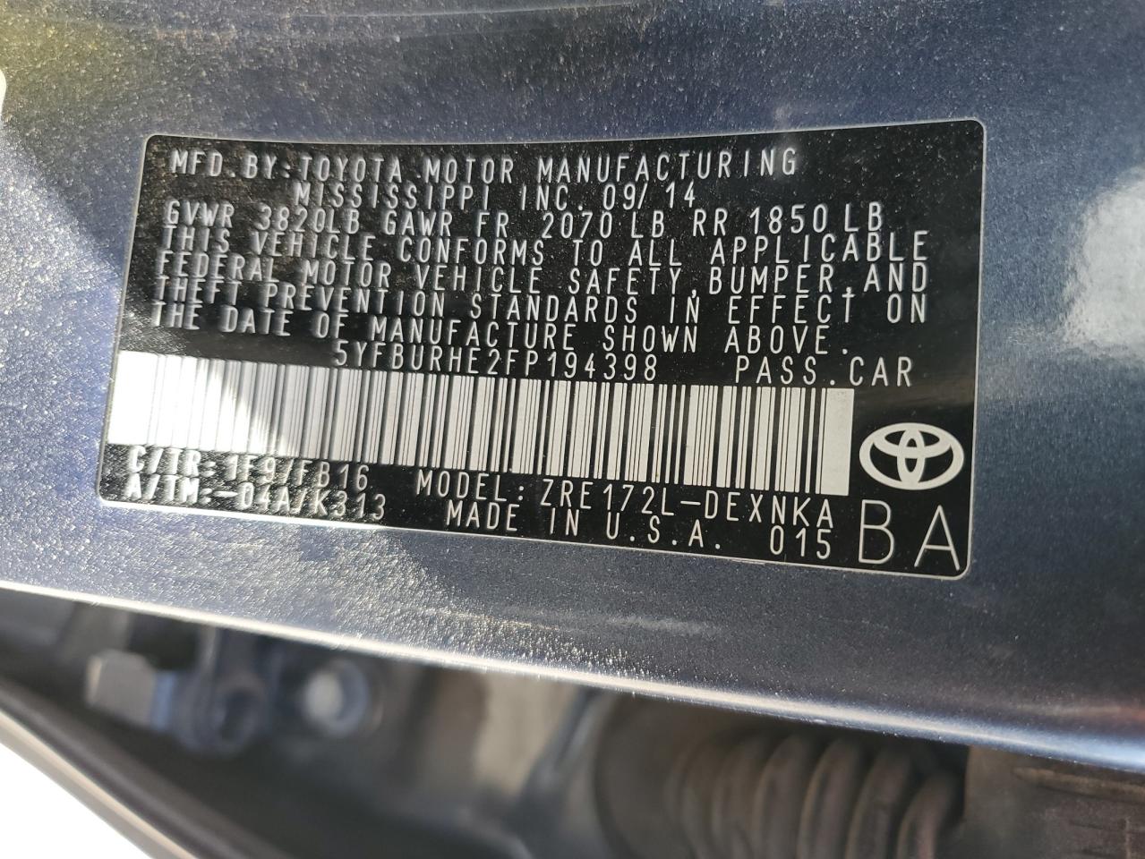 2015 Toyota Corolla L VIN: 5YFBURHE2FP194398 Lot: 56972655