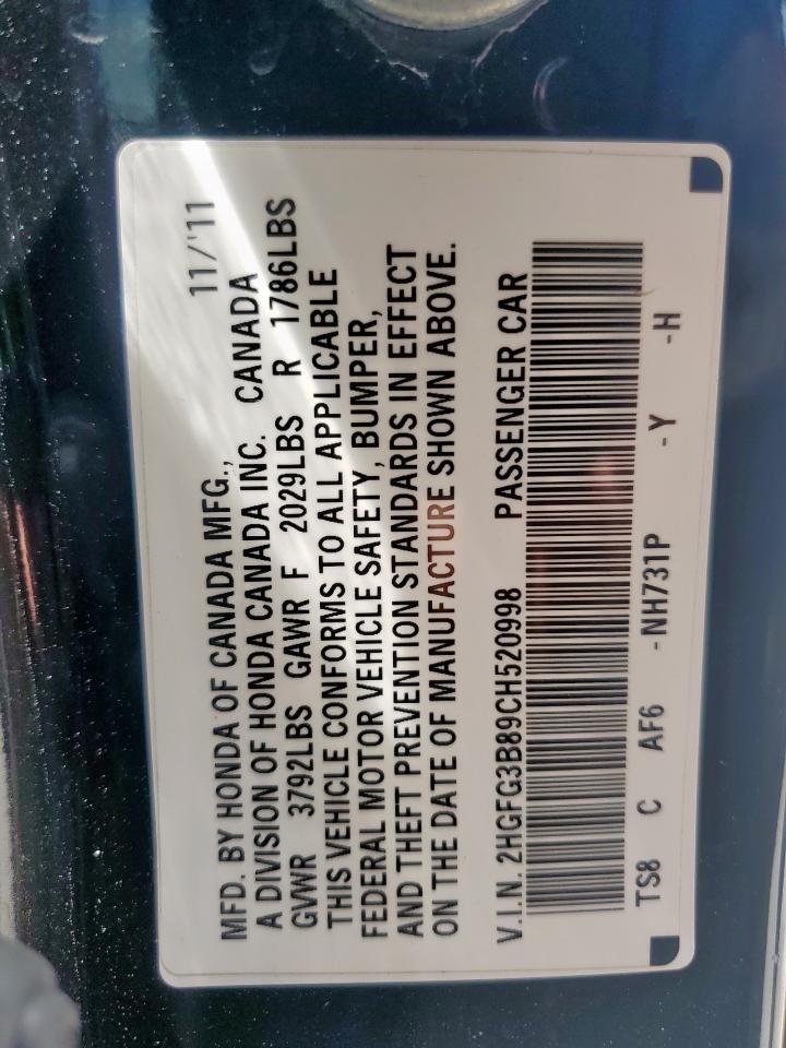 2012 Honda Civic Ex VIN: 2HGFG3B89CH520998 Lot: 56343585