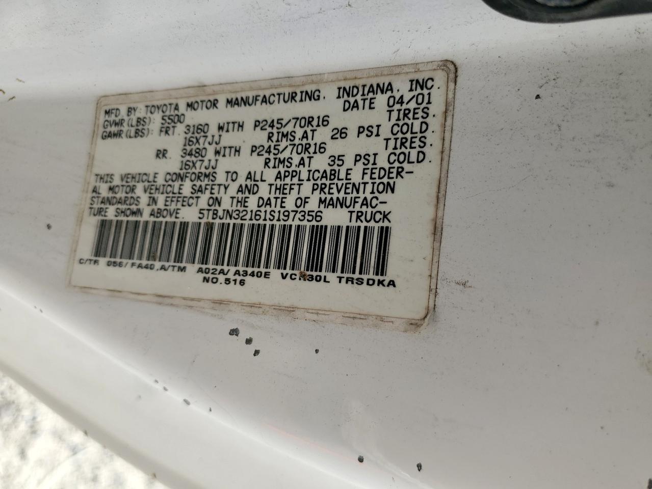 2001 Toyota Tundra VIN: 5TBJN32161S197356 Lot: 56650575