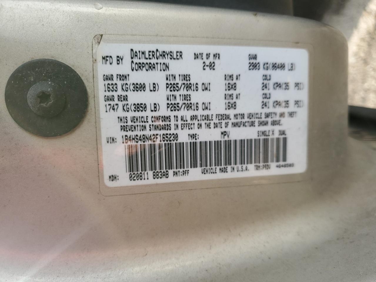 2002 Dodge Durango Slt VIN: 1B4HS48N42F165230 Lot: 55493455