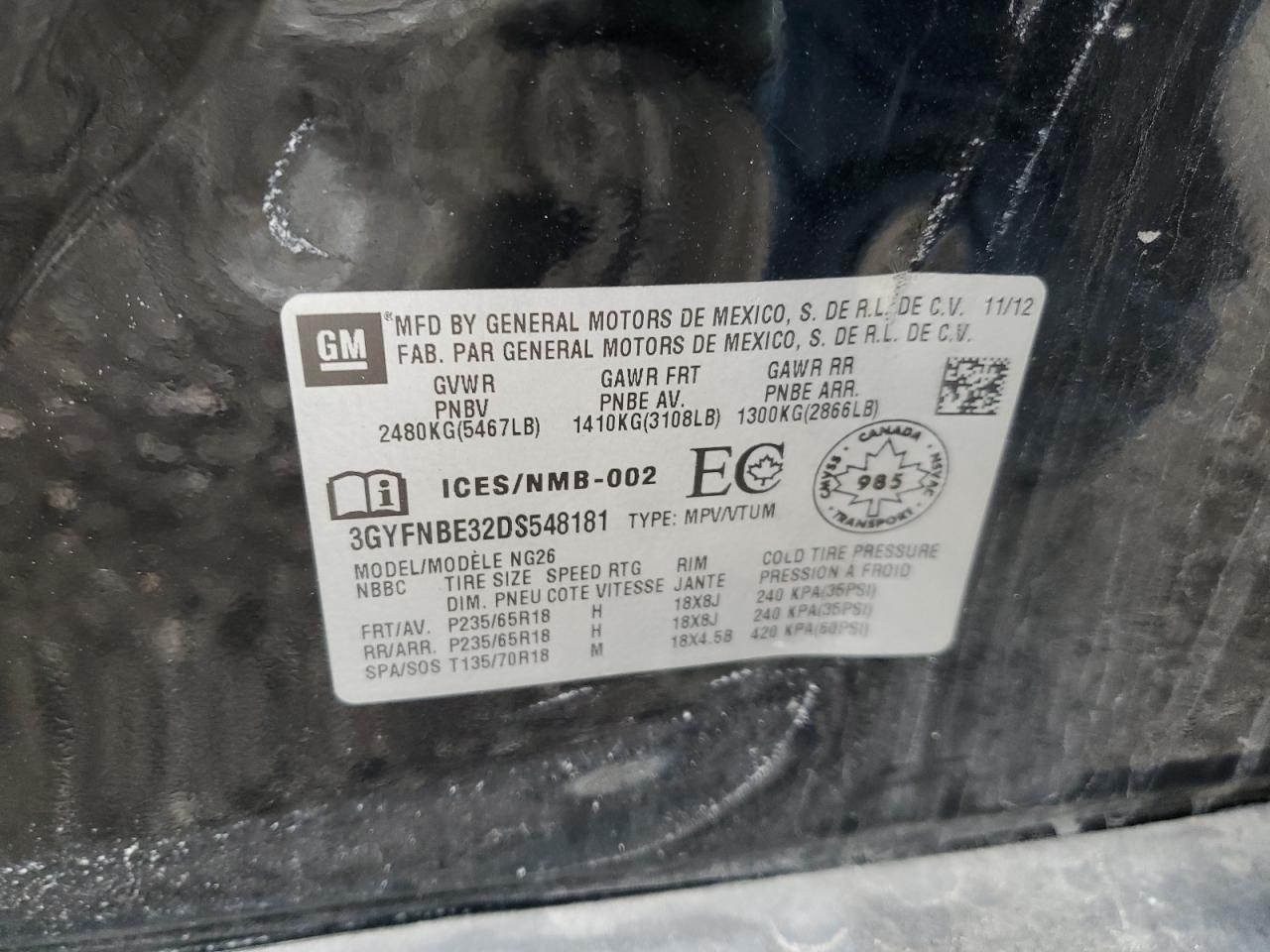 2013 Cadillac Srx VIN: 3GYFNBE32DS548181 Lot: 56635615