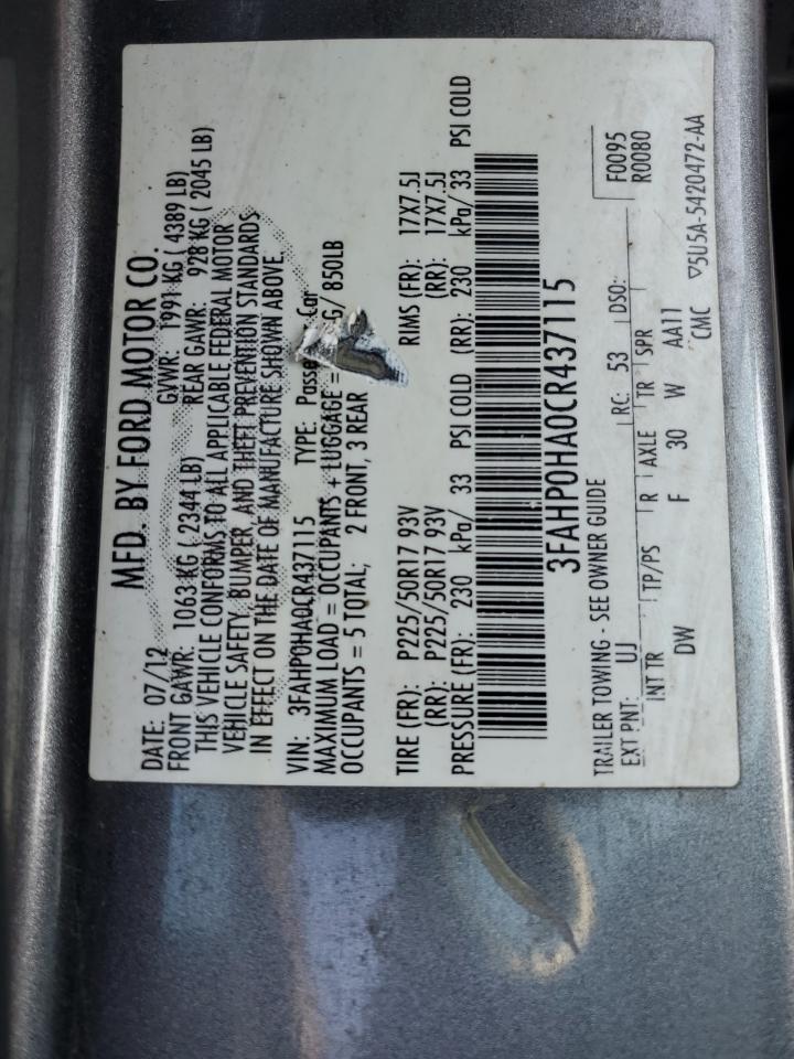 2012 Ford Fusion Se VIN: 3FAHP0HA0CR437115 Lot: 56583495