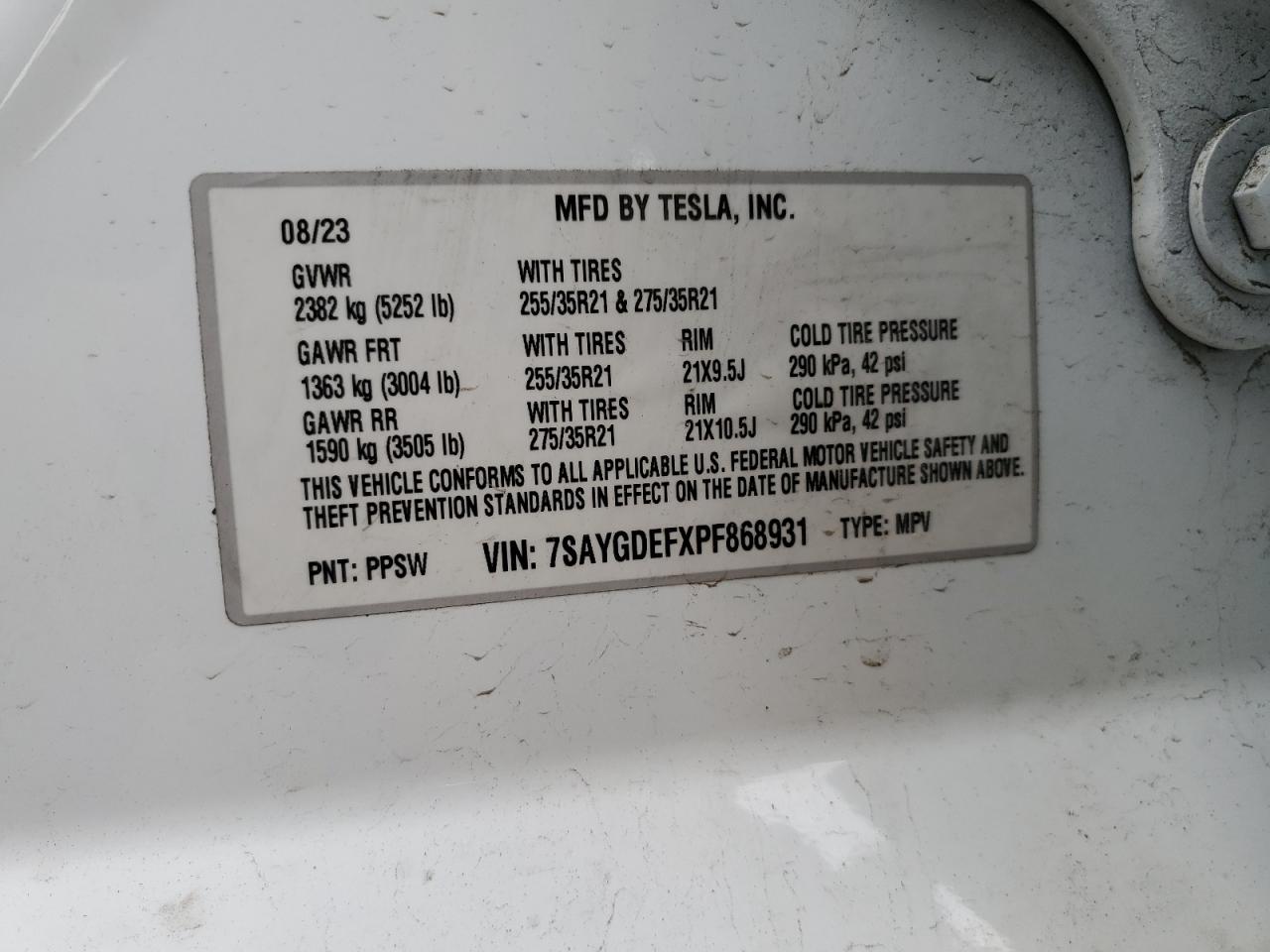 2023 Tesla Model Y VIN: 7SAYGDEFXPF868931 Lot: 59297535