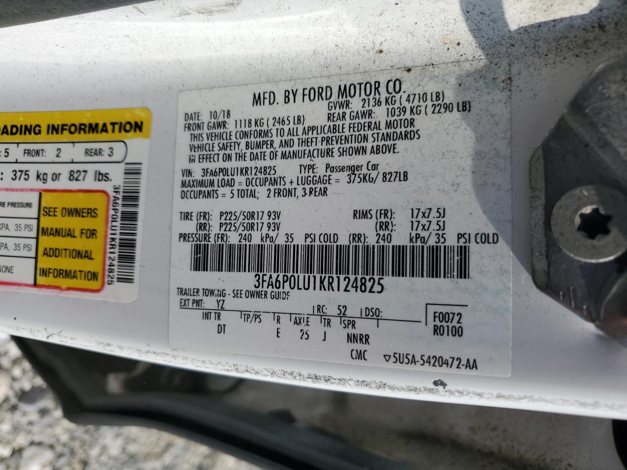 2019 Ford Fusion Se VIN: 3FA6P0LU1KR124825 Lot: 54031695