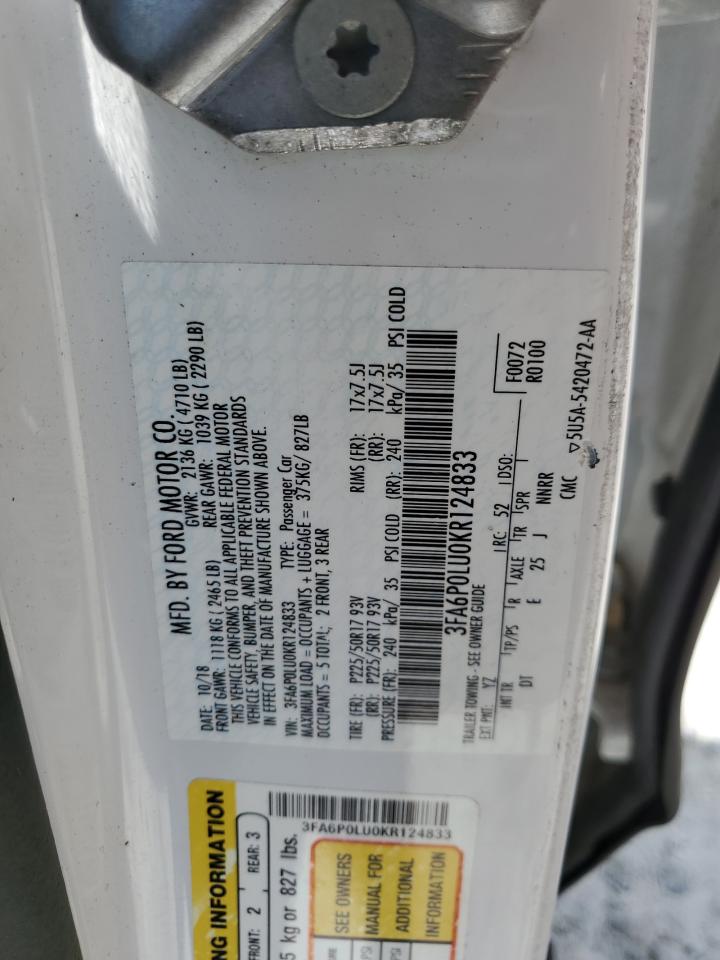 2019 Ford Fusion Se VIN: 3FA6P0LU0KR124833 Lot: 56528425