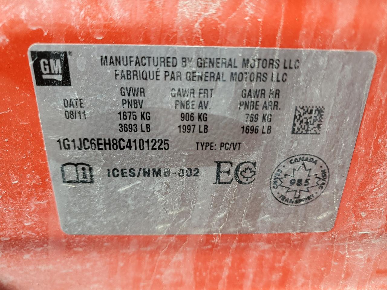 2012 Chevrolet Sonic Lt VIN: 1G1JC6EH8C4101225 Lot: 57486865