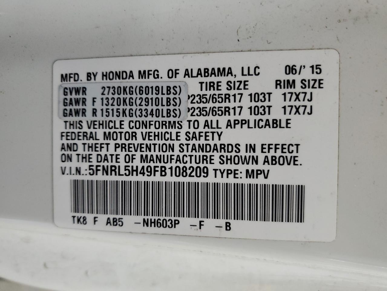2015 Honda Odyssey Ex VIN: 5FNRL5H49FB108209 Lot: 56935035