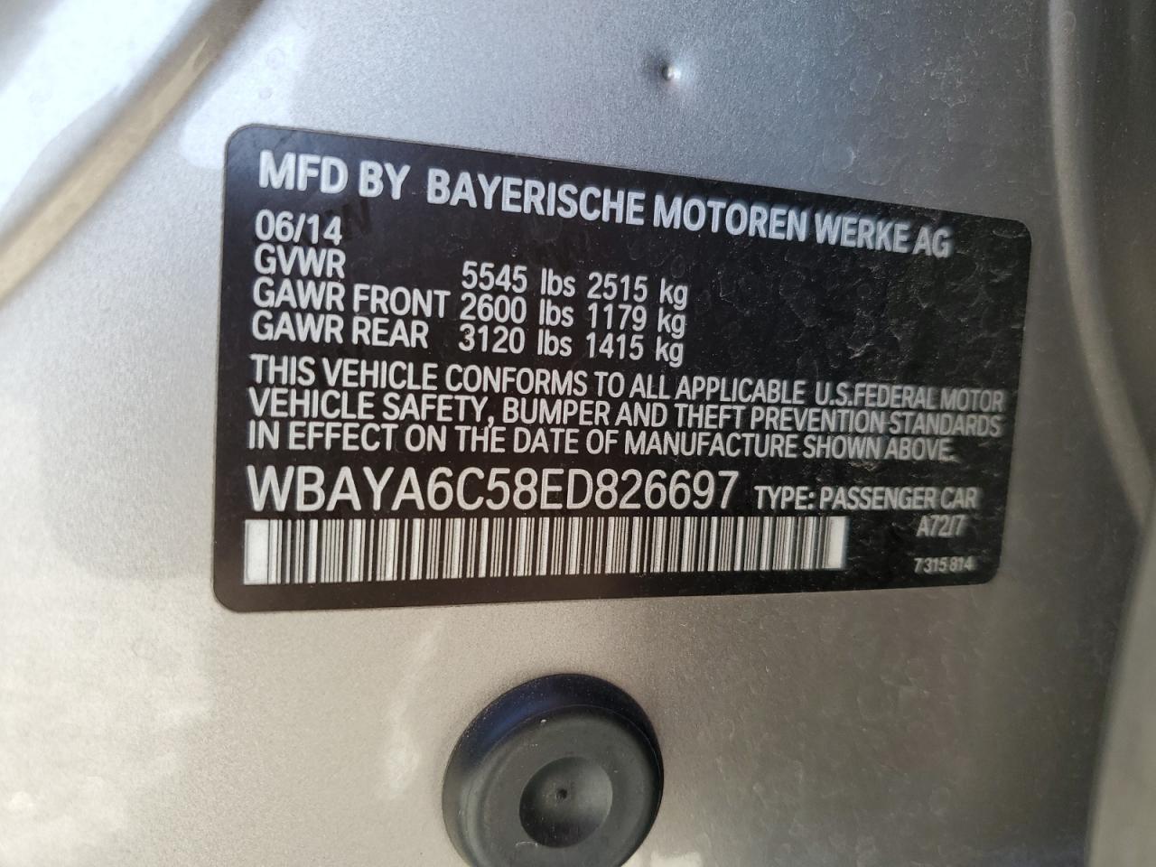 2014 BMW 740 I VIN: WBAYA6C58ED826697 Lot: 57130385