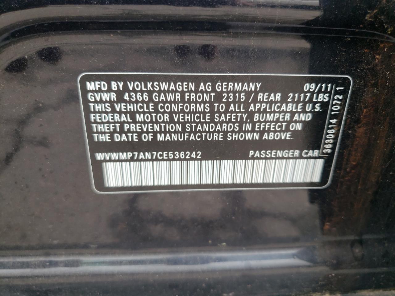 2012 Volkswagen Cc Sport VIN: WVWMP7AN7CE536242 Lot: 57143035