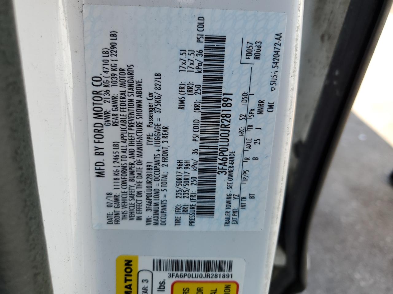 2018 Ford Fusion Se Hybrid VIN: 3FA6P0LU0JR281891 Lot: 54028325