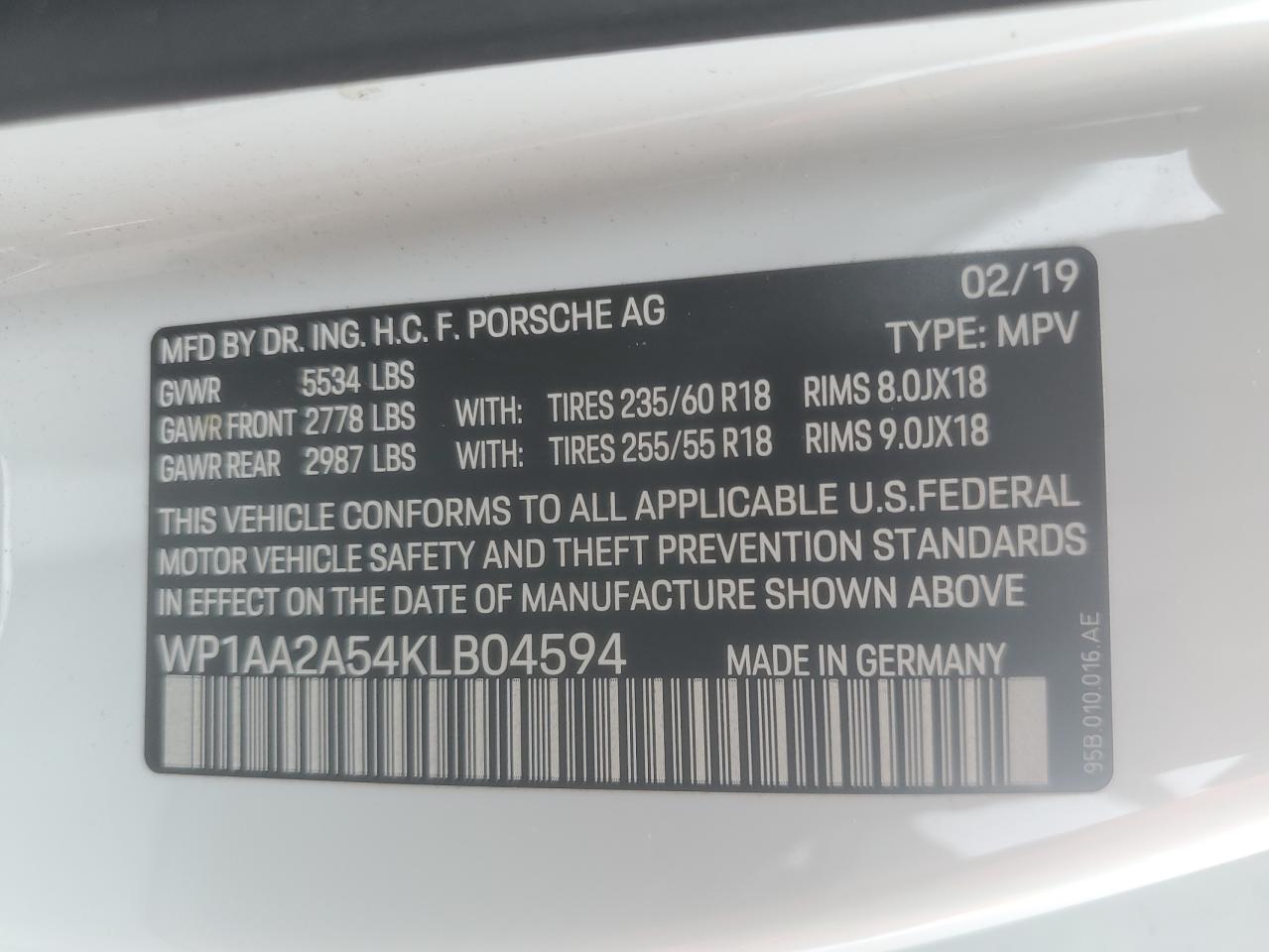 2019 Porsche Macan VIN: WP1AA2A54KLB04594 Lot: 57502195