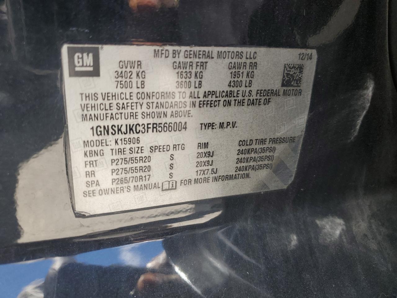 2015 Chevrolet Suburban K1500 Lt VIN: 1GNSKJKC3FR566004 Lot: 56903565