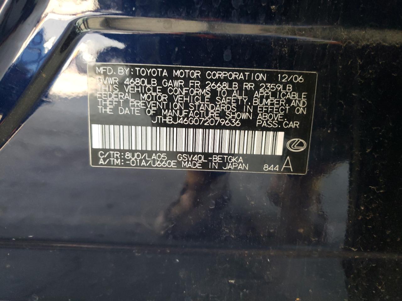 2007 Lexus Es 350 VIN: JTHBJ46G072079636 Lot: 58724995