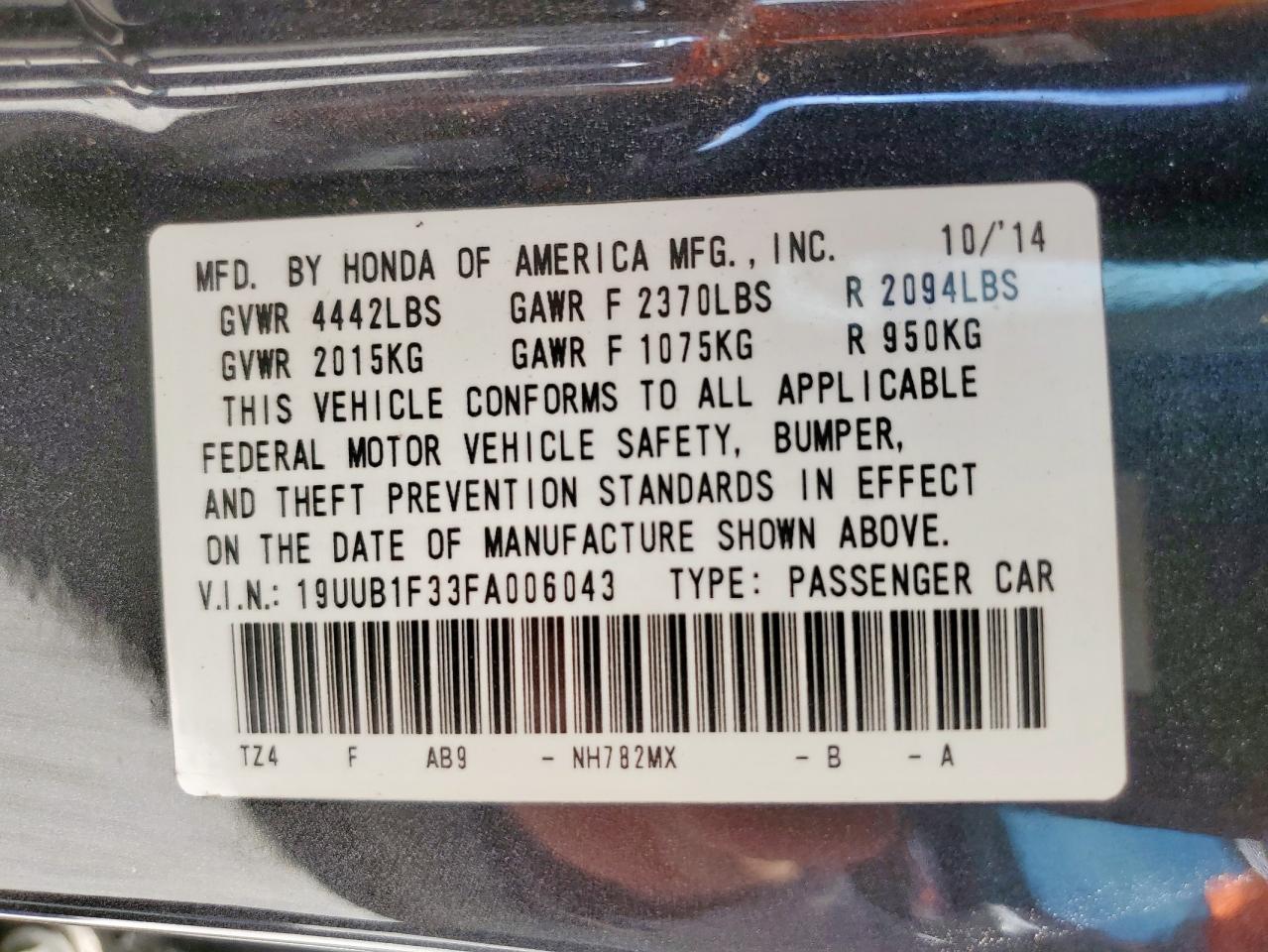 2015 Acura Tlx VIN: 19UUB1F33FA006043 Lot: 57459875