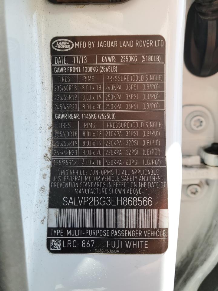 2014 Land Rover Range Rover Evoque Pure Plus VIN: SALVP2BG3EH868566 Lot: 57100565