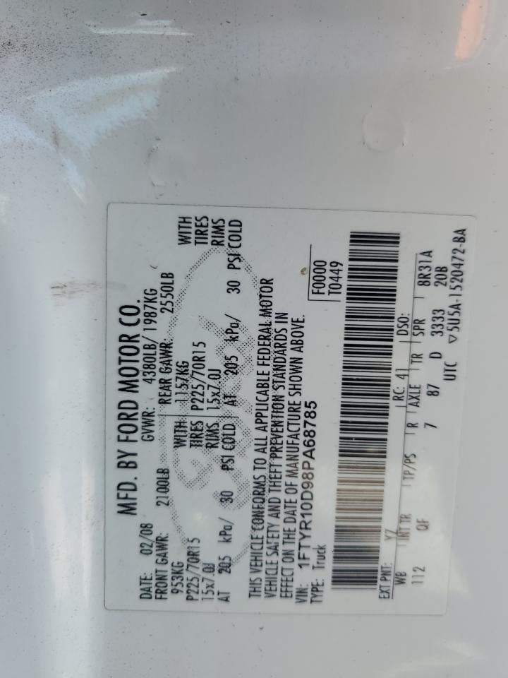 2008 Ford Ranger VIN: 1FTYR10D98PA68785 Lot: 59306205