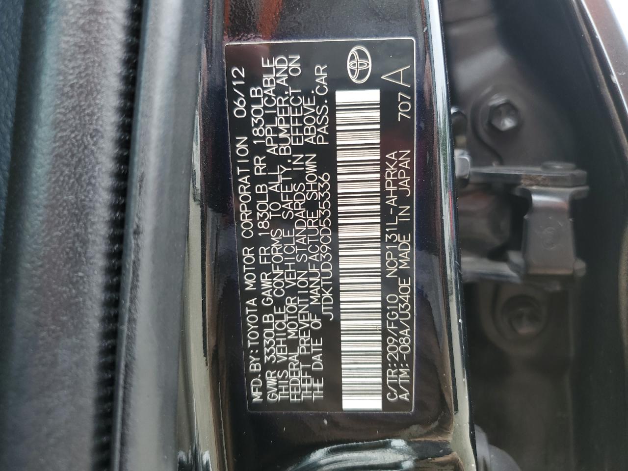 2012 Toyota Yaris VIN: JTDKTUD39CD535336 Lot: 58464225