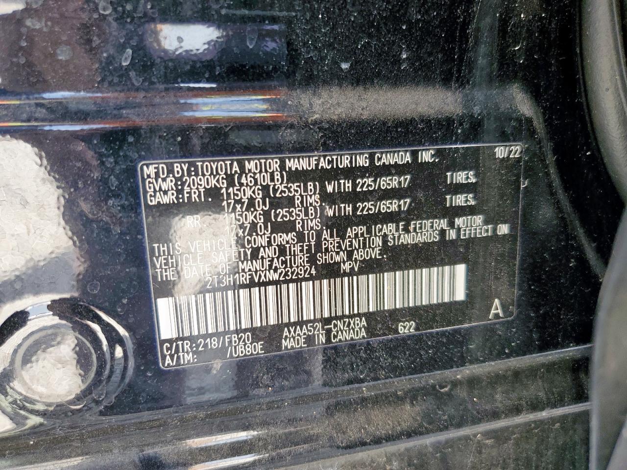 2022 Toyota Rav4 Le VIN: 2T3H1RFVXNW232924 Lot: 56935285