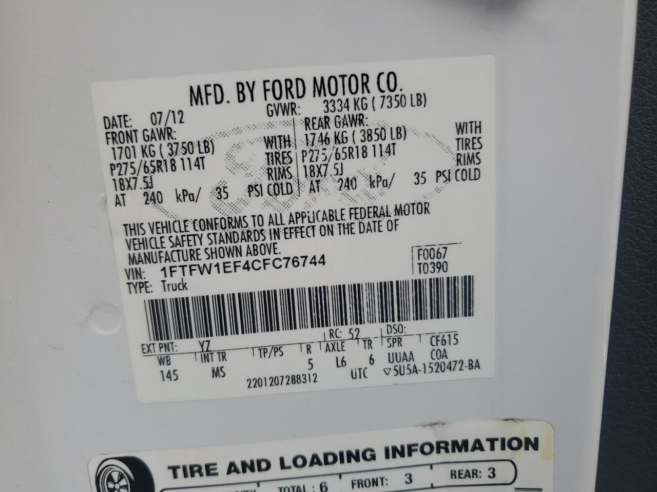 2012 Ford F150 Supercrew VIN: 1FTFW1EF4CFC76744 Lot: 55310615