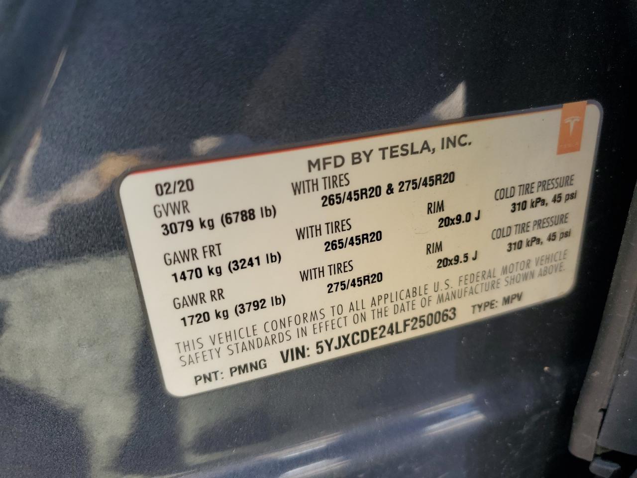 2020 Tesla Model X VIN: 5YJXCDE24LF250063 Lot: 56341935