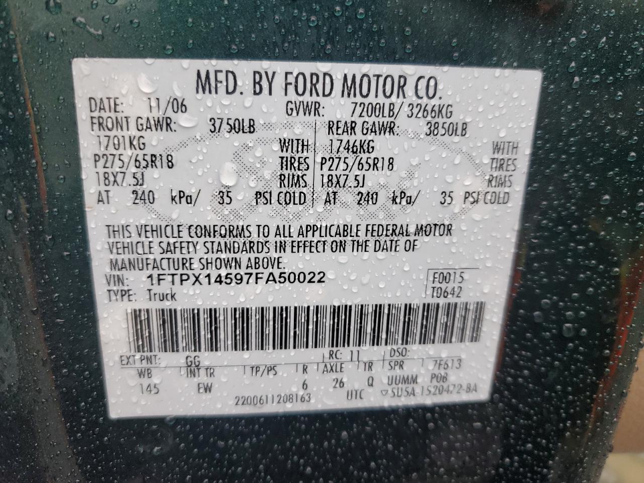 2007 Ford F150 VIN: 1FTPX14597FA50022 Lot: 56329335