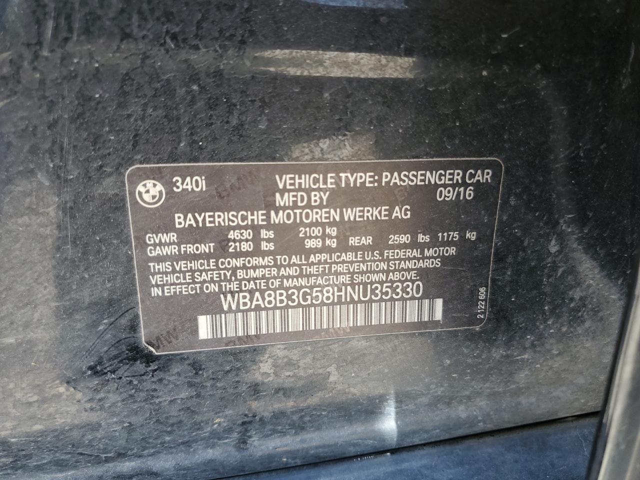2017 BMW 340 I VIN: WBA8B3G58HNU35330 Lot: 57044725