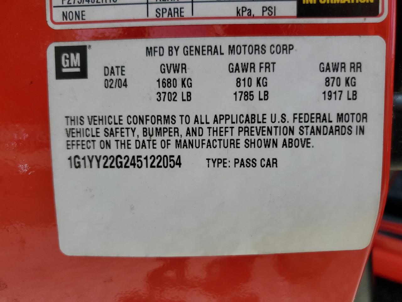 2004 Chevrolet Corvette VIN: 1G1YY22G245122054 Lot: 56381525