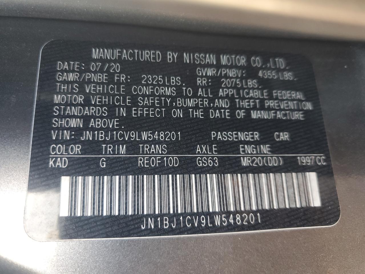 2020 Nissan Rogue Sport S VIN: JN1BJ1CV9LW548201 Lot: 56781205