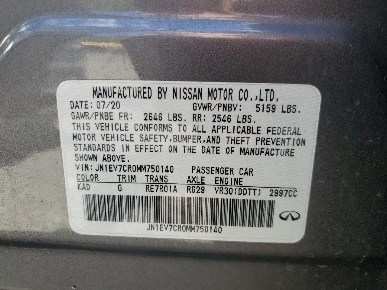 2021 Infiniti Q50 Sensory VIN: JN1EV7CR0MM750140 Lot: 56148435