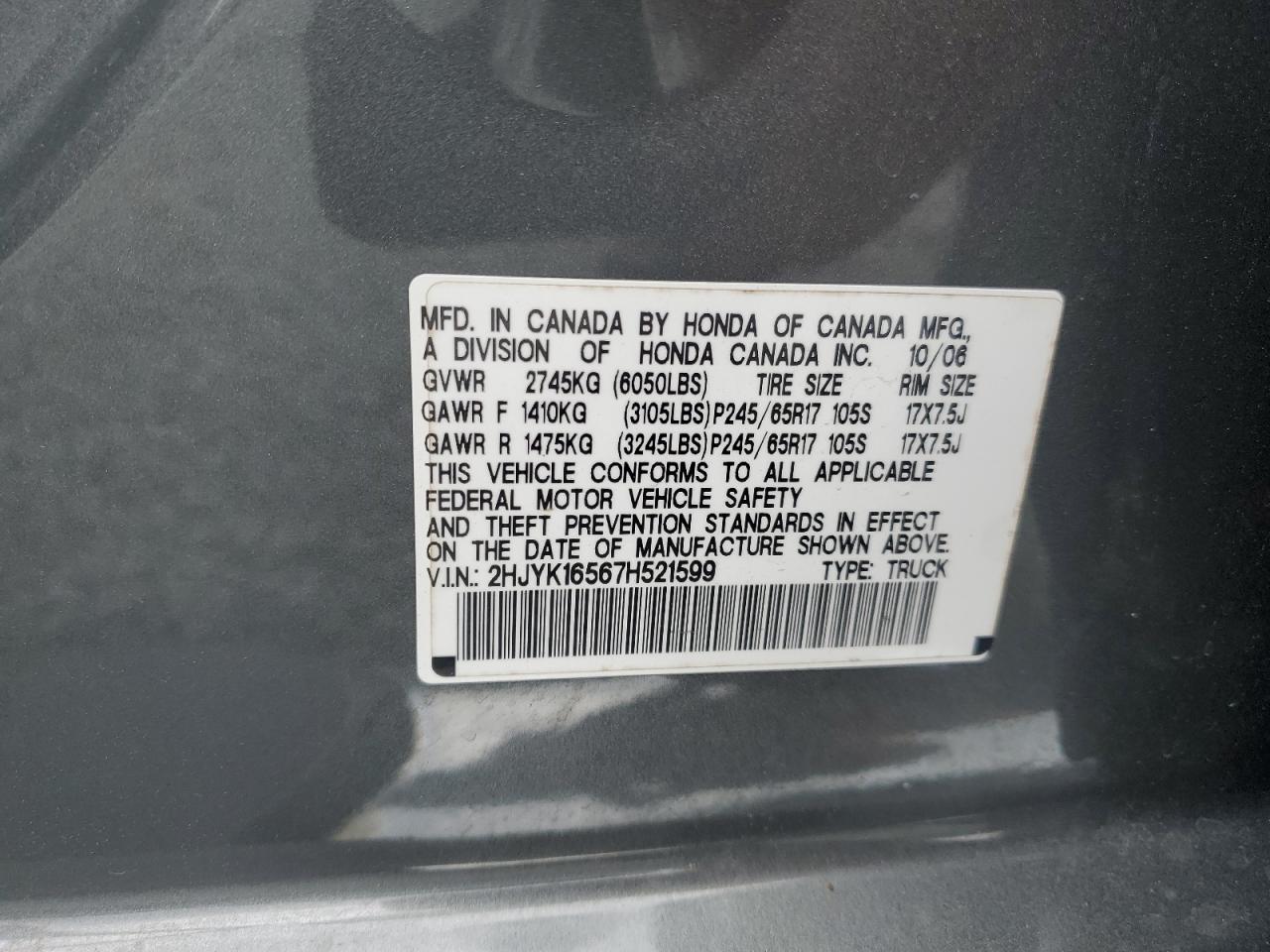 2007 Honda Ridgeline Rtl VIN: 2HJYK16567H521599 Lot: 57611355