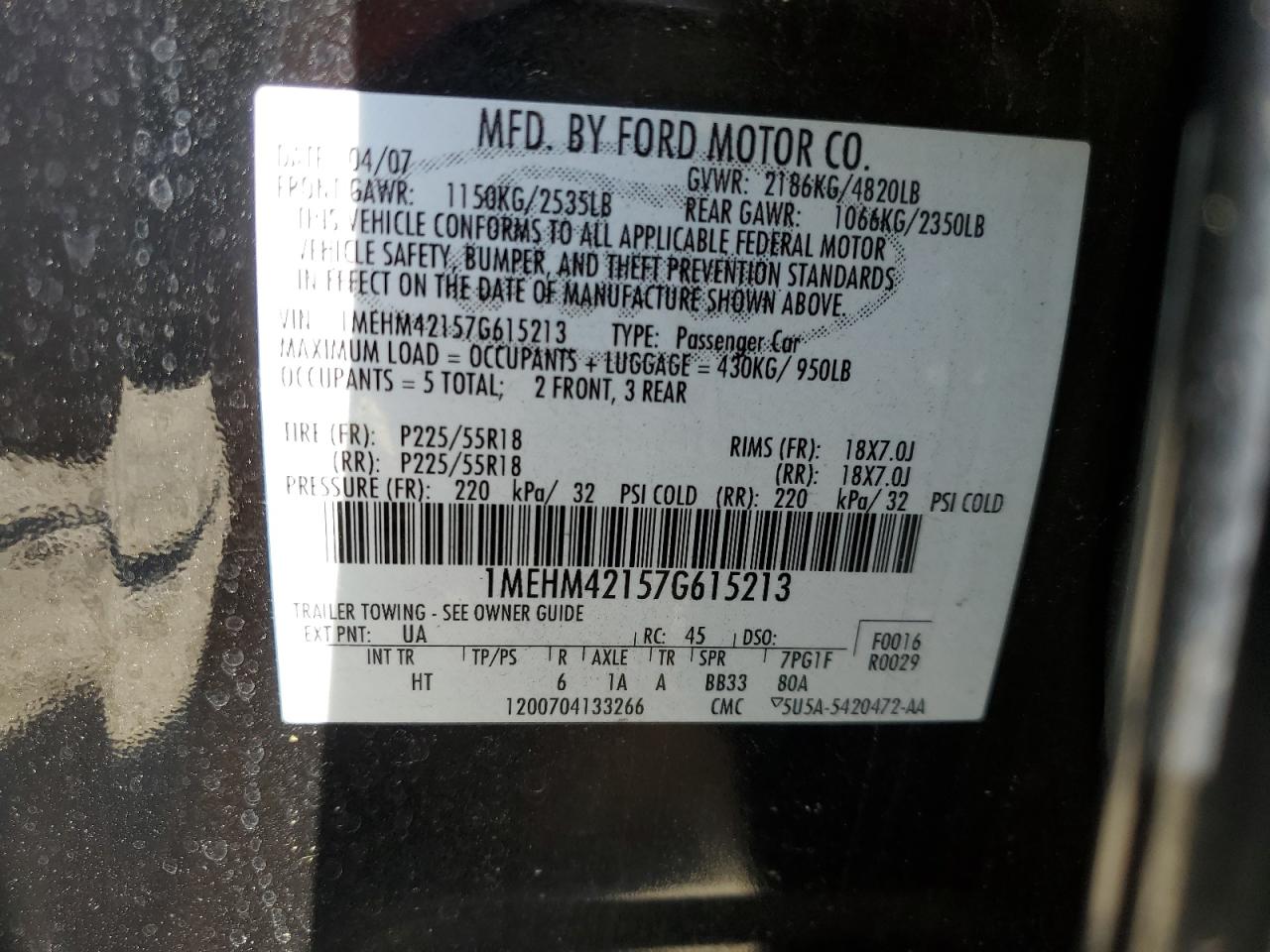 2007 Mercury Montego Premier VIN: 1MEHM42157G615213 Lot: 56298975
