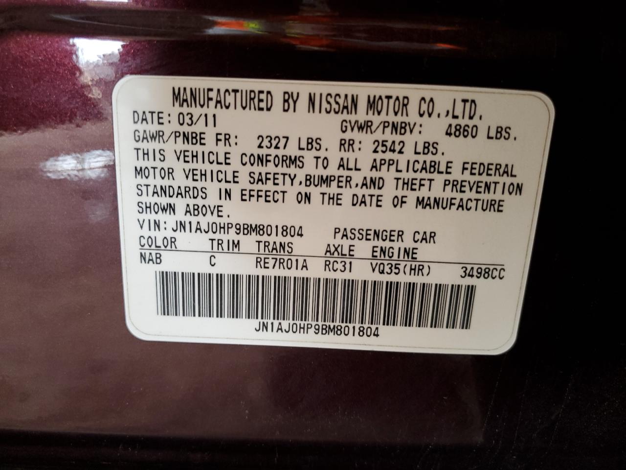 2011 Infiniti Ex35 Base VIN: JN1AJ0HP9BM801804 Lot: 56024125