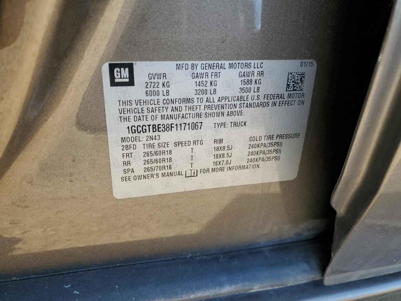 2015 Chevrolet Colorado Lt VIN: 1GCGTBE38F1171067 Lot: 57128345