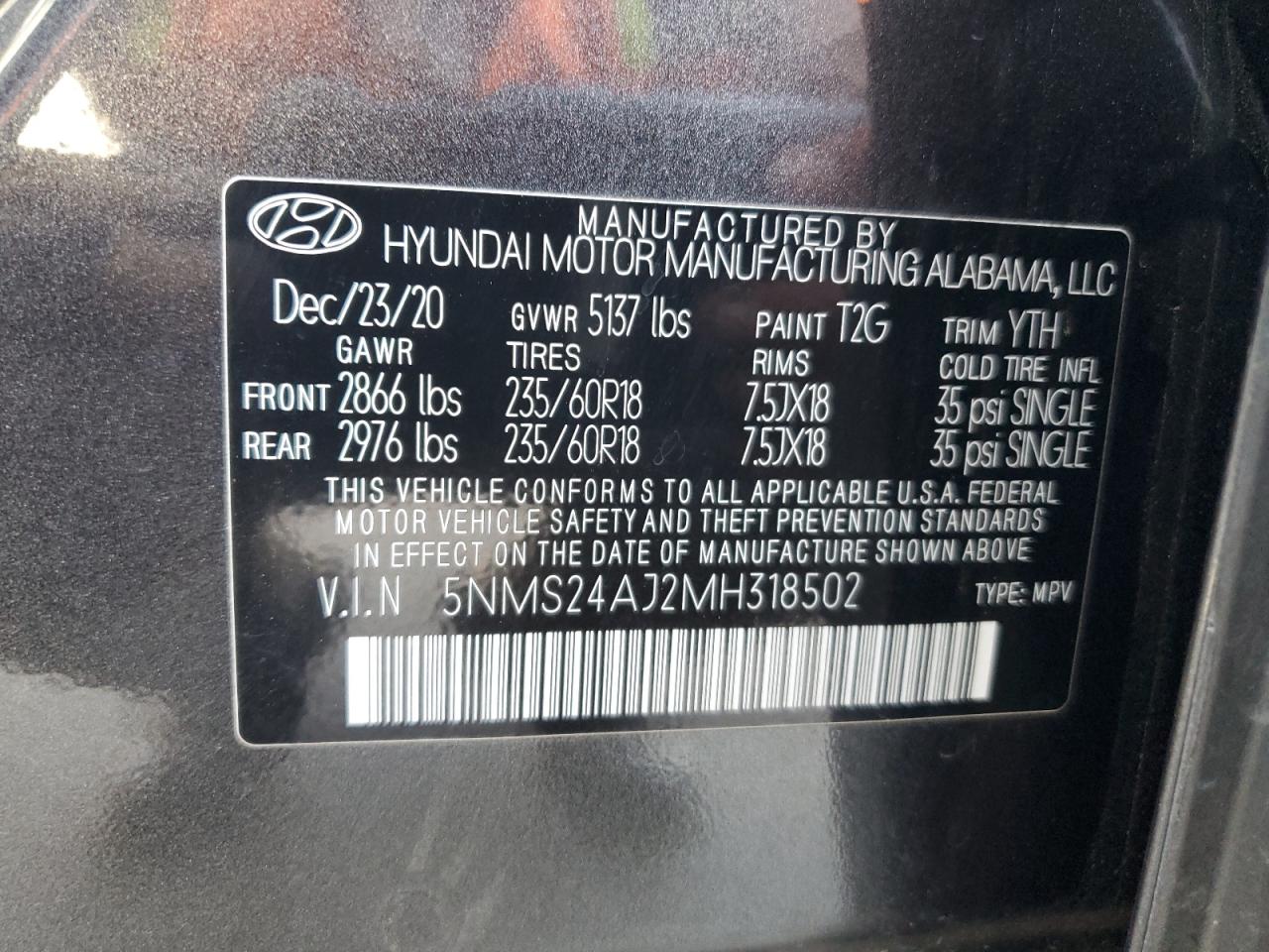 2021 Hyundai Santa Fe Sel VIN: 5NMS24AJ2MH318502 Lot: 57348995