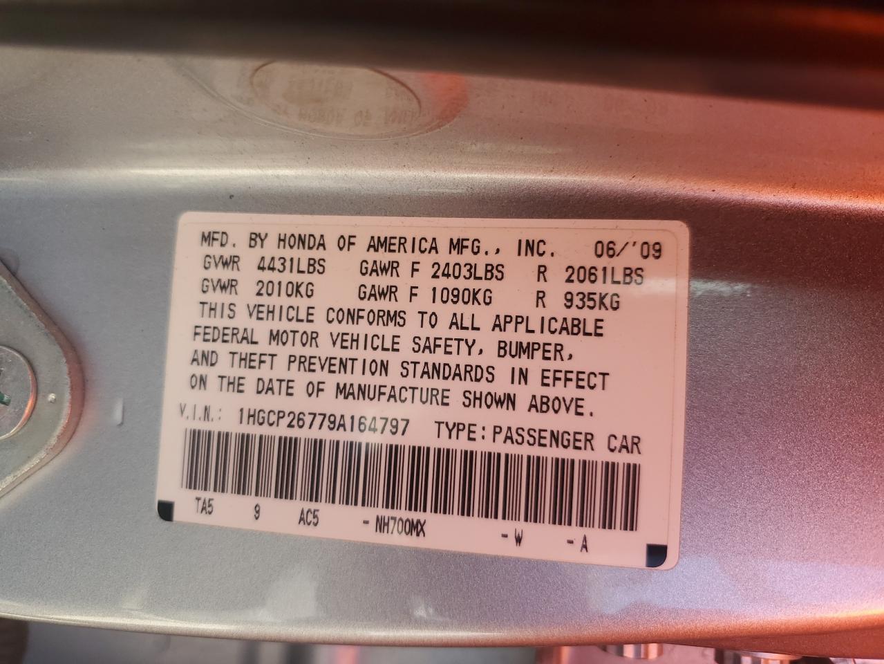 2009 Honda Accord Ex VIN: 1HGCP26779A164797 Lot: 57662295