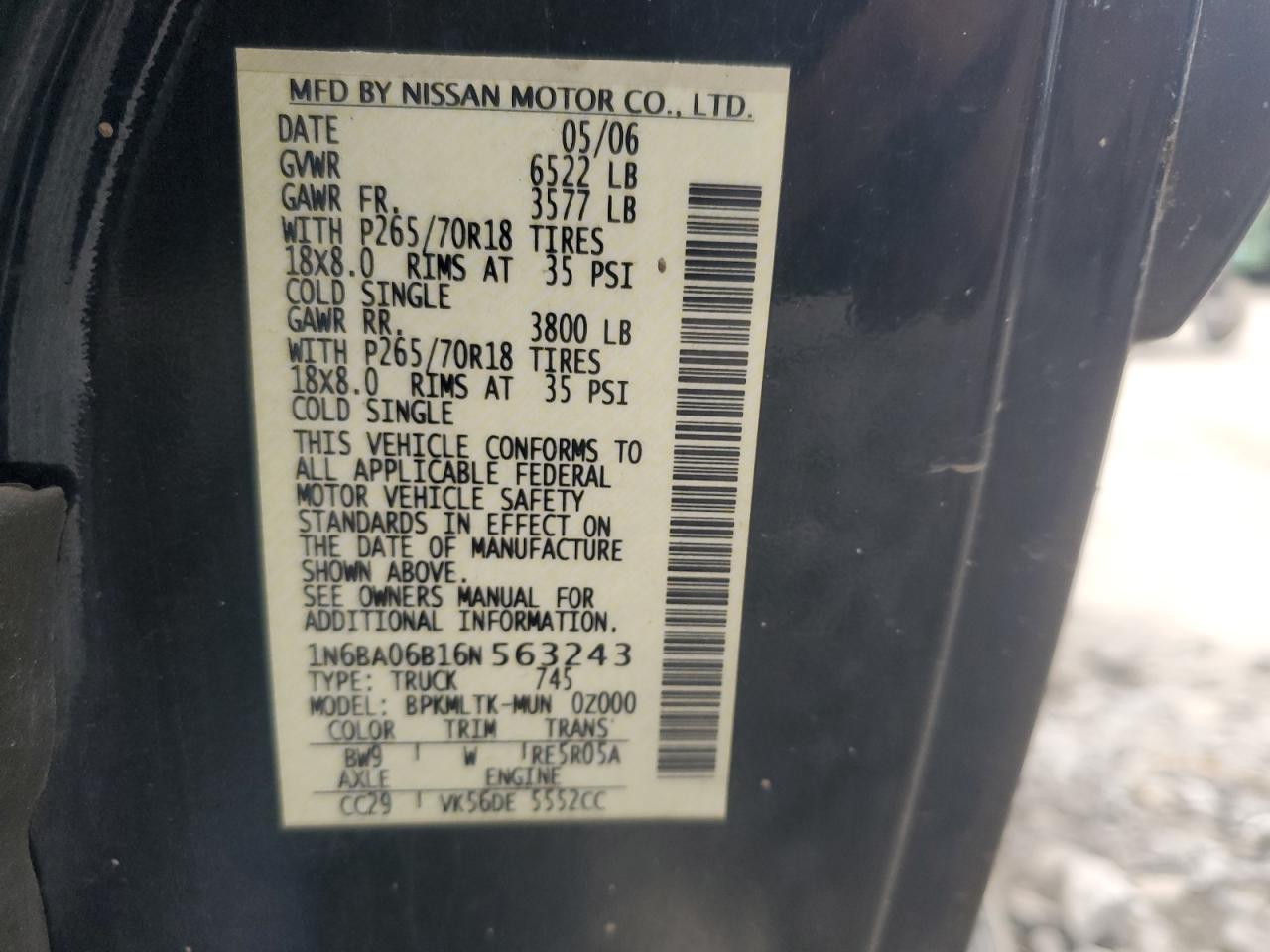 2006 Nissan Titan Xe VIN: 1N6BA06B16N563243 Lot: 56875475