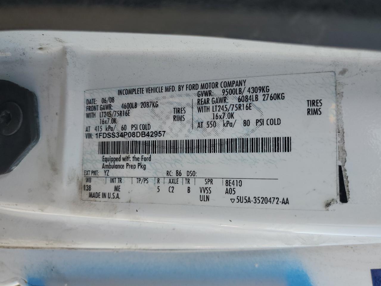 2008 Ford Econoline E350 Super Duty Van VIN: 1FDSS34P08DB42957 Lot: 58850435