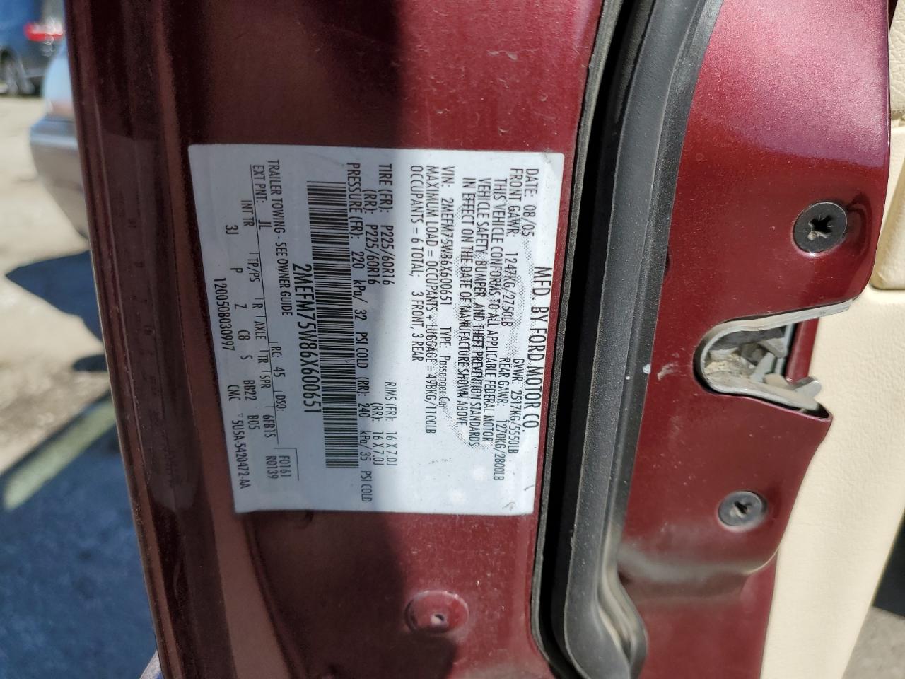 2006 Mercury Grand Marquis Ls VIN: 2MEFM75W86X600651 Lot: 57104745