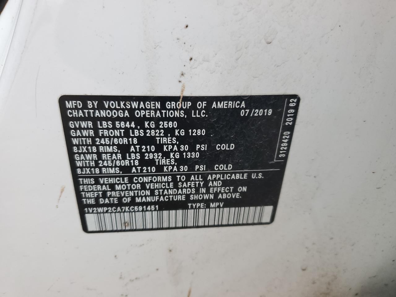 2019 Volkswagen Atlas Se VIN: 1V2WP2CA7KC591451 Lot: 56210635